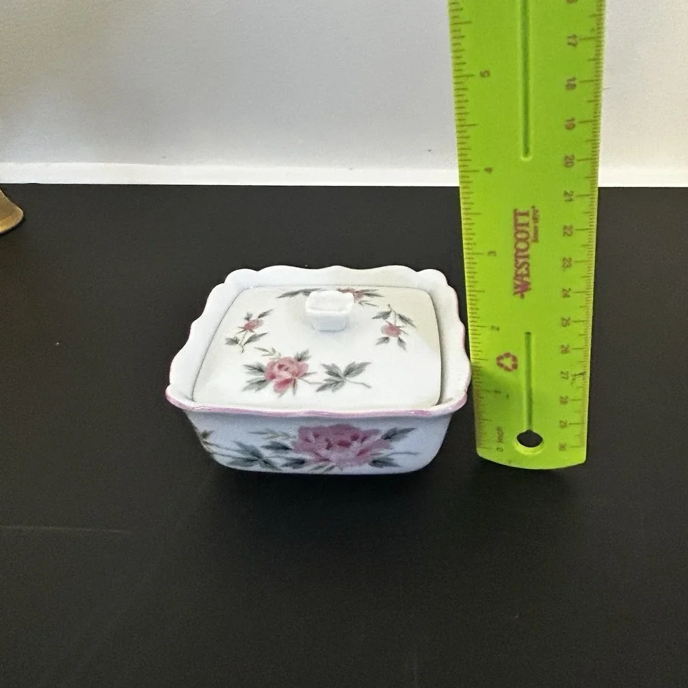 Vintage Andy Panda Japan Pink Rose Floral Porcelain Square Lidded Trinket Box